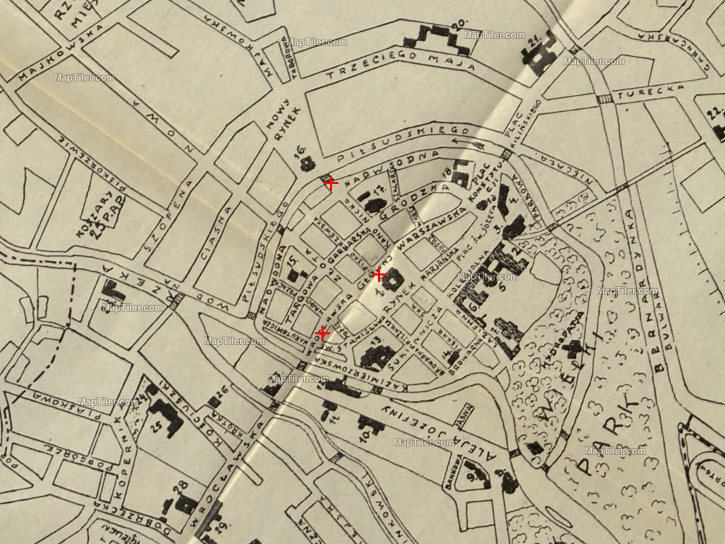 O plano de Kalisz de 1927: Nadwodna, a esquina da Kanonicka e a Wrocławska — o plano