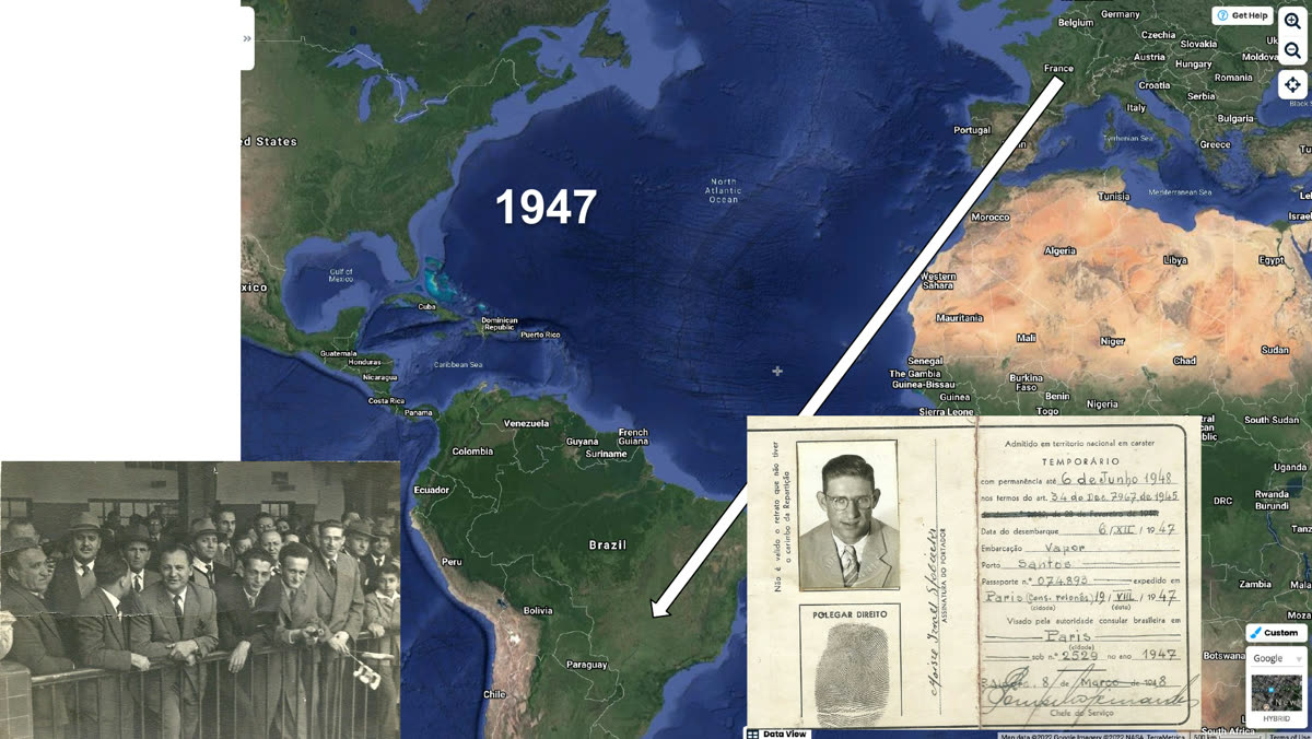Mapa de 1947: Paris → Brasil, com a carteira e a foto da chegada (slide composto)
