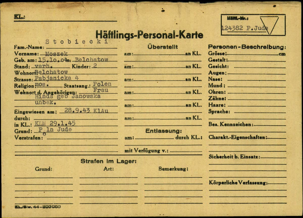 Ficha de Mauthausen de Moszek Stobiecki (n. 1904, Bełchatów) — homônimo provável