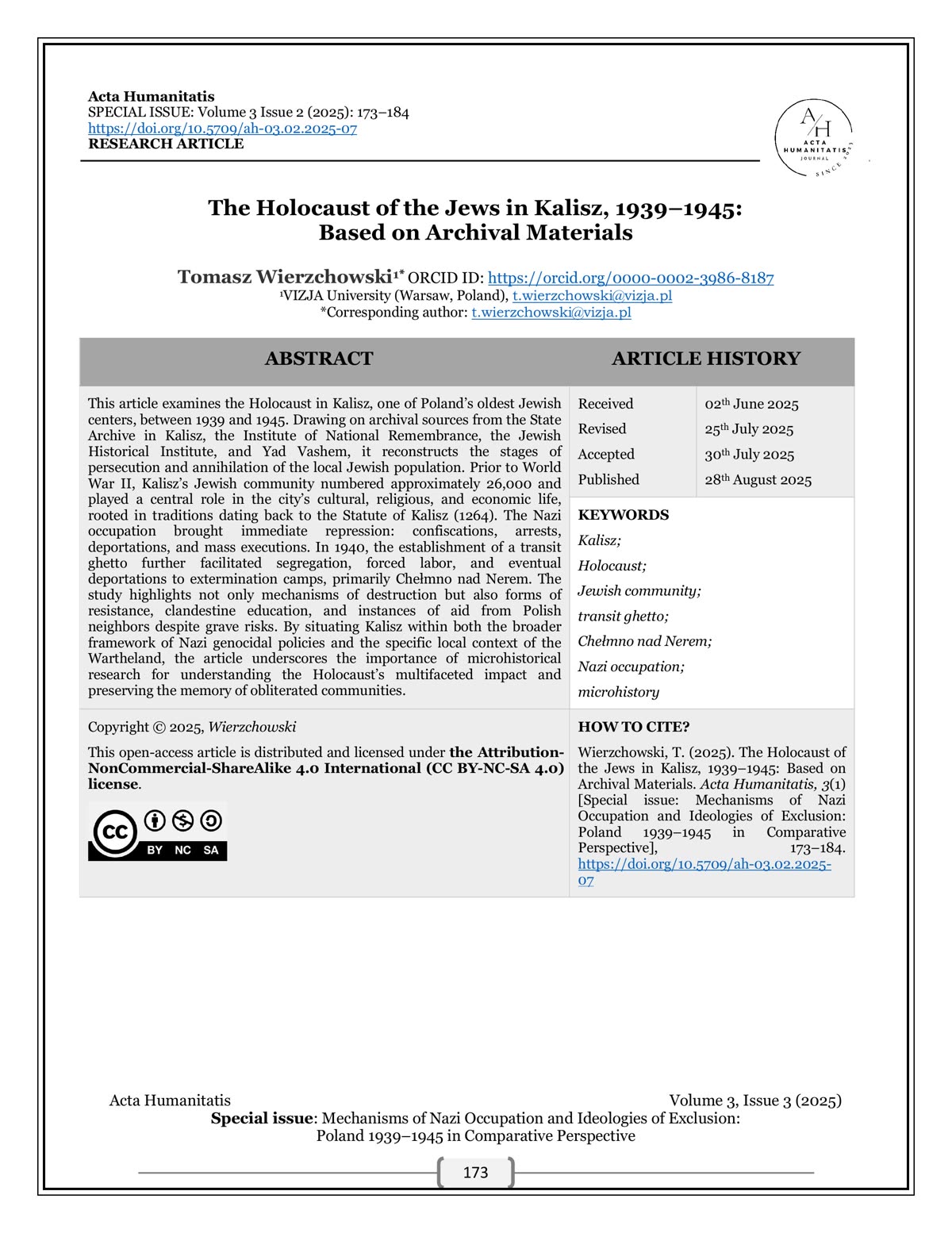 Wierzchowski, "The Holocaust of the Jews in Kalisz, 1939–1945" (Acta Humanitatis, 2025) — página 1