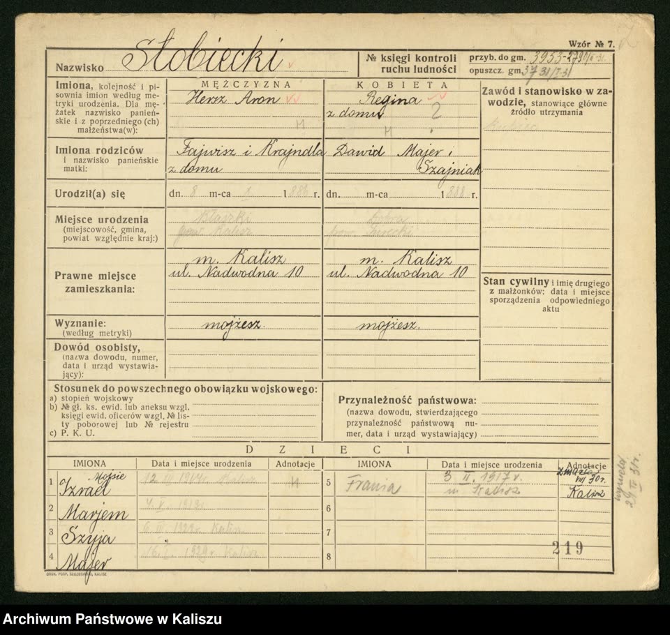 Cartão de registro da família Stobiecki, Kalisz, ~1934