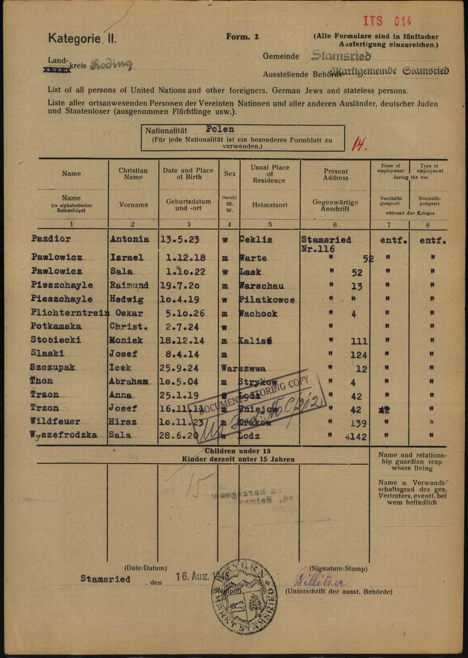 Lista de Stamsried, 1946